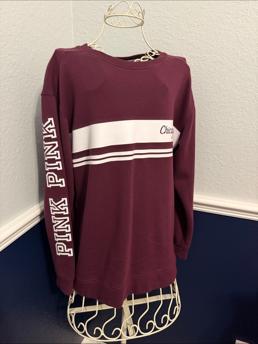 PINK Victoria's Secret Maroon Crewneck Sweatshirt with White Chest Stripe